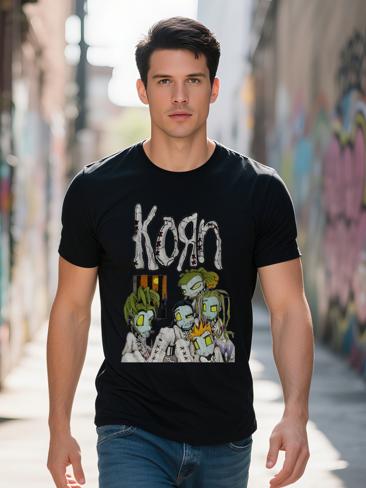 Men S Casual Crew Neck T-Shirt with Print KORN Cracked Effect Design Regular Fit Summer Tee Perfect Gift for Fans