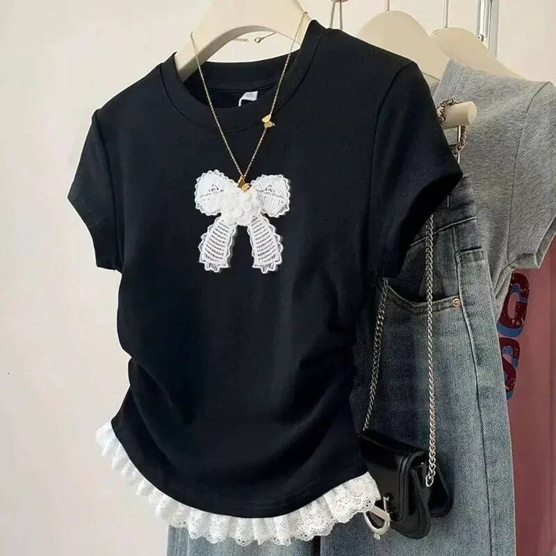 2025 vintage bow lace short sleeved T-shirt for women, Y K round fashion neck stitched design top for women, summer Korean slim fit cropped pants T-sh