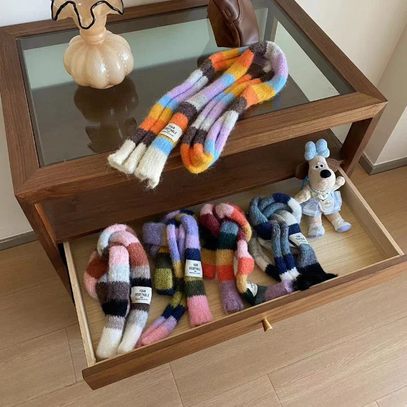 Knitted Wool with Warm Color Splicing Contrast Striped Sausage Thin Scarf 250808