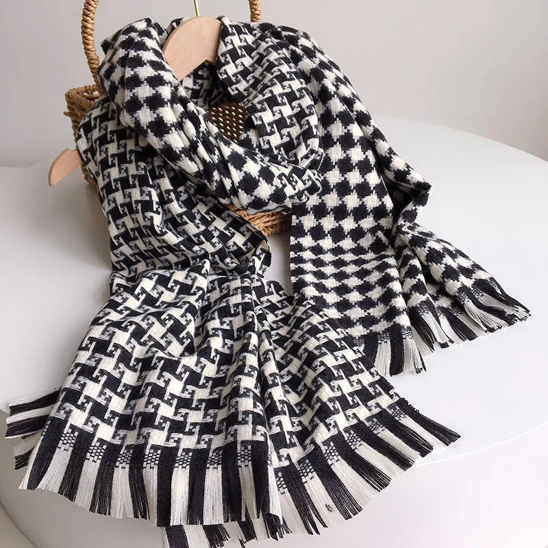 Black White Cherkered Cashmere Scarf Shawl For Women 250808