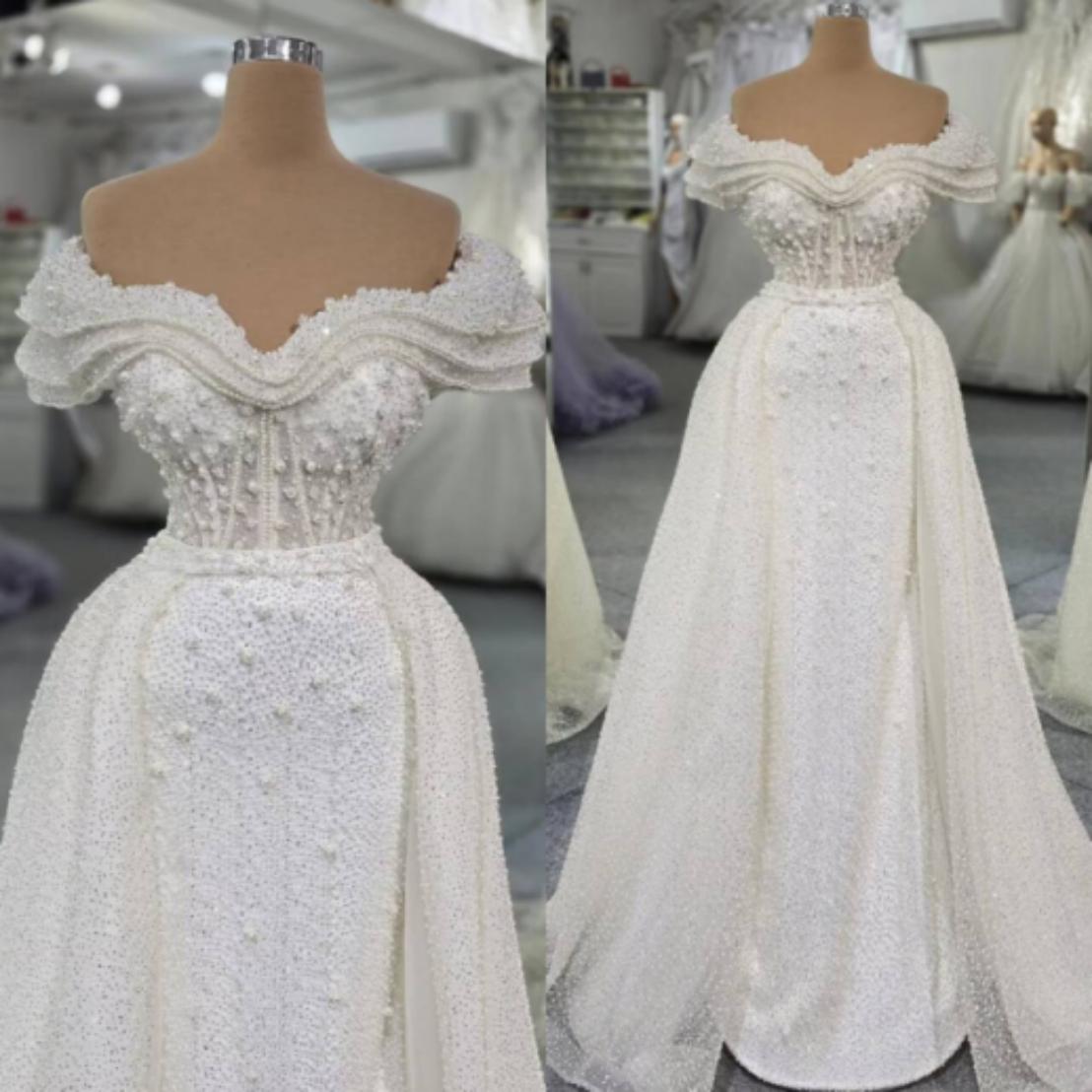 Vintage A Line Women Wedding Dress Sweetheart Neck Off Shoulder Sleeveless Bridal Gowns Sequins Beaded Detachable Train Dress Customized vestidos de n