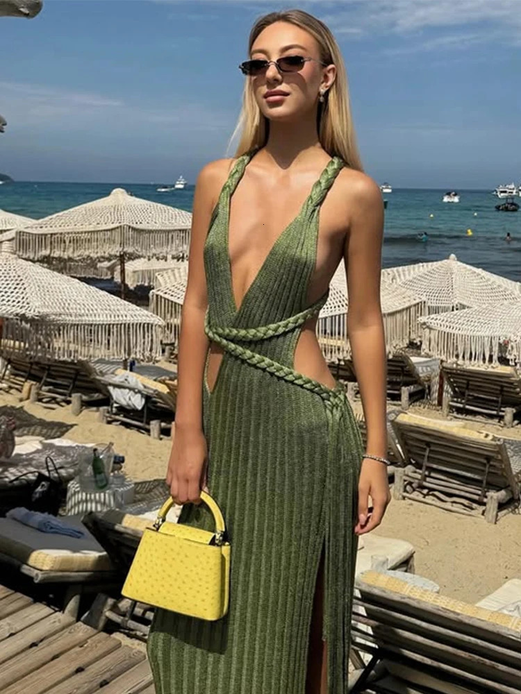 Knitted Halter Over Long Dresses Camisole V-Neck Hollow Out Strap Waist Cinching Slimming Split Beach Long Dresses Crochet Robes 250813