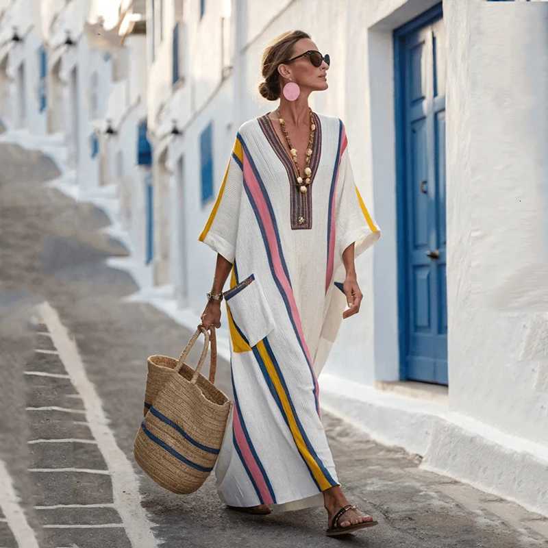 Summer Ele Loose Long Dresses for Women New Casual V Neck Short Sleeve Geometric Printing Splicing Pocket Loose Waist Dress XJ250814