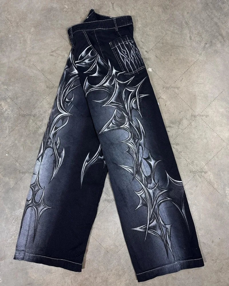 Y2K Harajuku Retro Blade Fashionable Versatile Jeans Men Street Hip-hop Casual Loose Straight Wide-leg Pants Women 250813