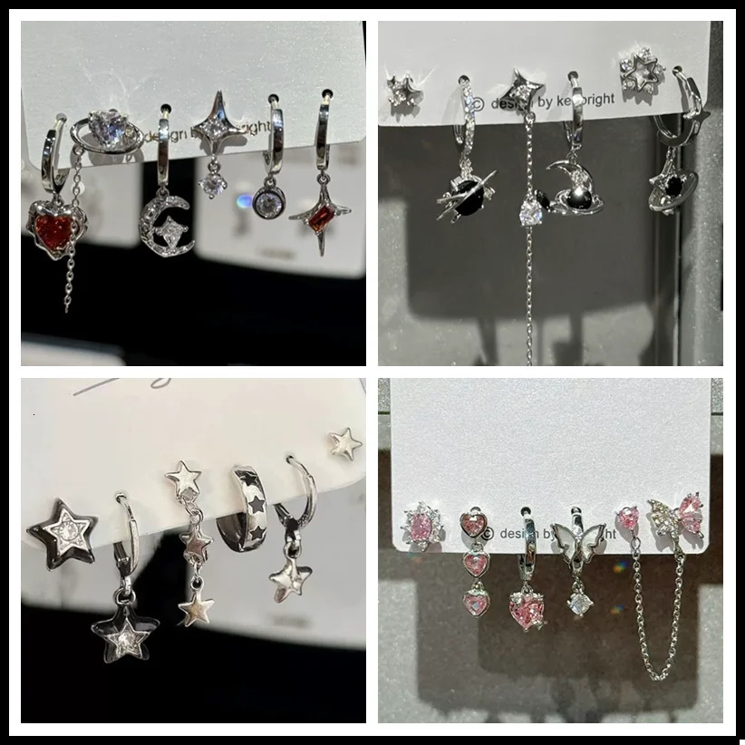 6PCS Set Goth Red Crystal Star Heart Black Pentagram Pendant Earring For Women Vintage Aesthetic Trendy Y2K Jewelry Accessories 250812