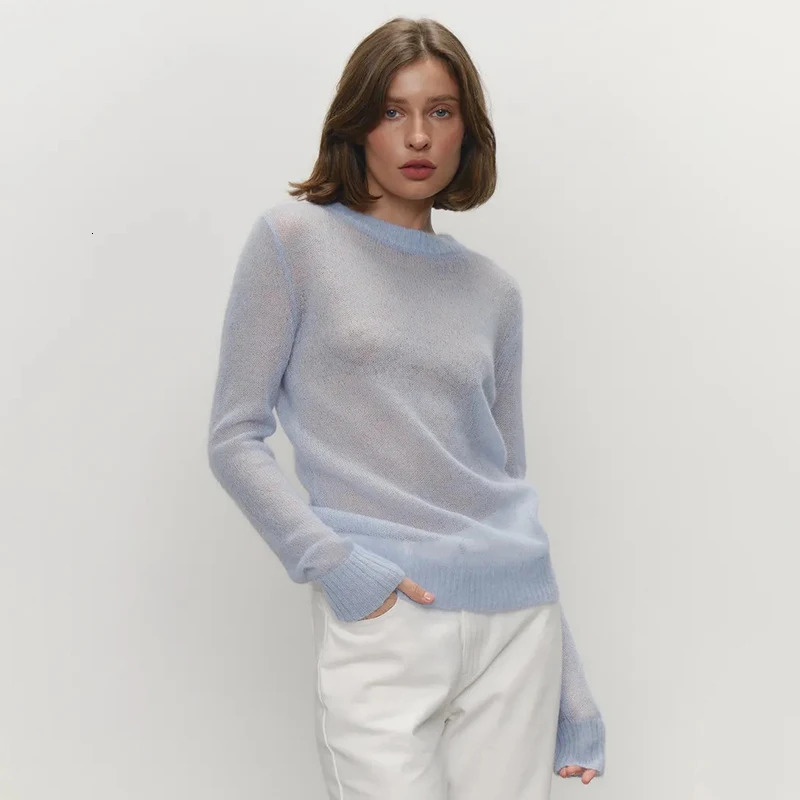 TARUXY Mohair Round Neck Pullover Sweater For Women 2025 Spring Summer Knitted Bottom Semi-sheer Knit Sweater Female Top 250808