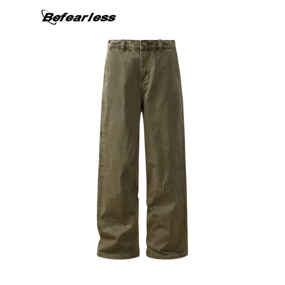 American Style Washed Vintage Color Block Straight Pants Unisex Loose Wide Leg Floor-Length Casual Trousers B5