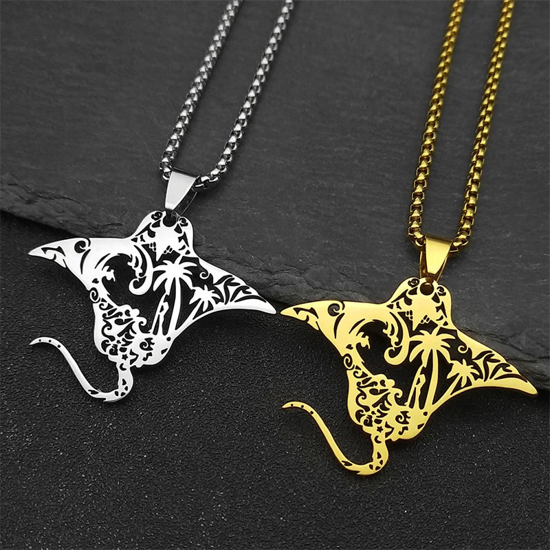 Cute Manta Ray Sea Devil Fish Pendant Necklace For Women Men Stainless Steel Gold Silver Color Coconut Tree Nature Chain Jewelry 250812