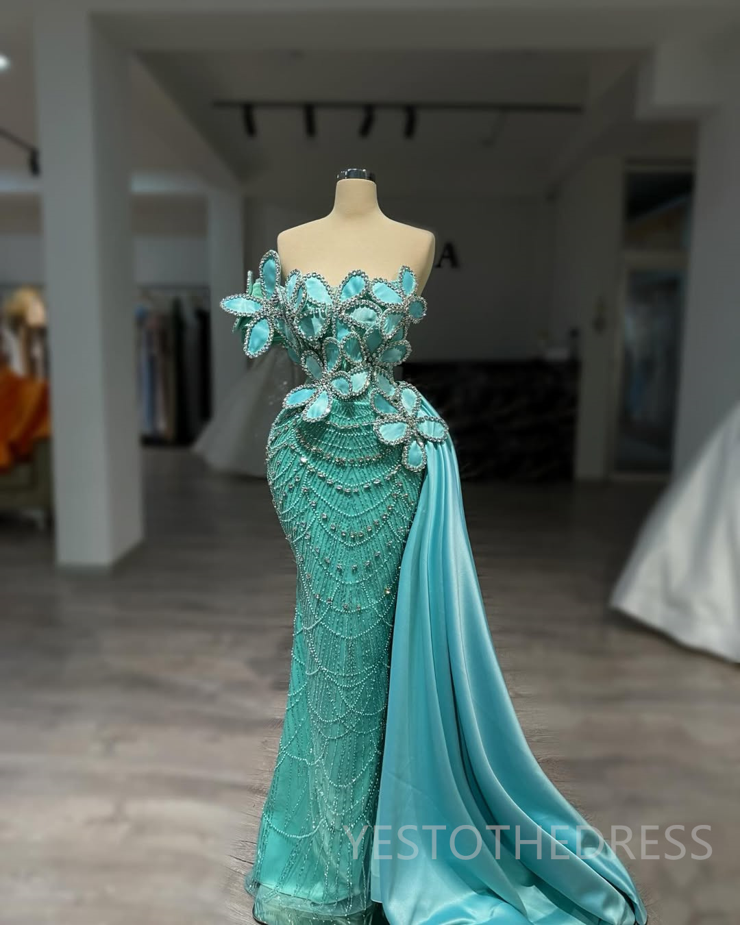 Mermaid Aso Ebi Prom Dress 2025 Evening Dresses For Special Occasions Beaded Lace Crystals Hand Made Flowers Rhinestone Birthday Dress Second Receptio