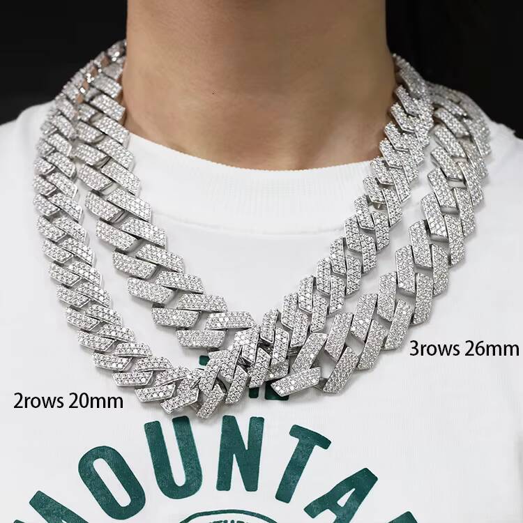 Stylish 925 Silver Moissanite Cuban Chain Necklace 2 Rows Hip Hop Bling Multiple Sizes Gift for Occasions