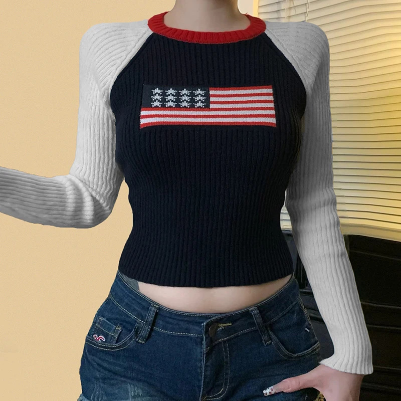 Flag Graphic Colorblock Long Sleeve Sweater Fall Winter Slim Fit Round Neck Short Pullover Casual Fashion Knitwear for Women 250808
