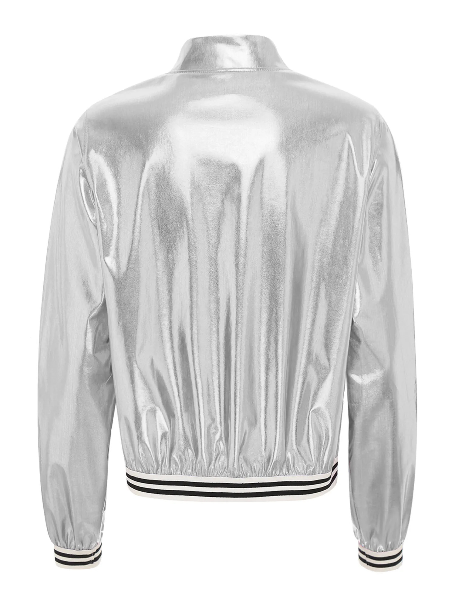 Womens Holographic Costumes Metallic Shiny Silver Bomber Jacket Long Sleeve Front Zipper Coat Carnival Rave Festival Outerwear 250813