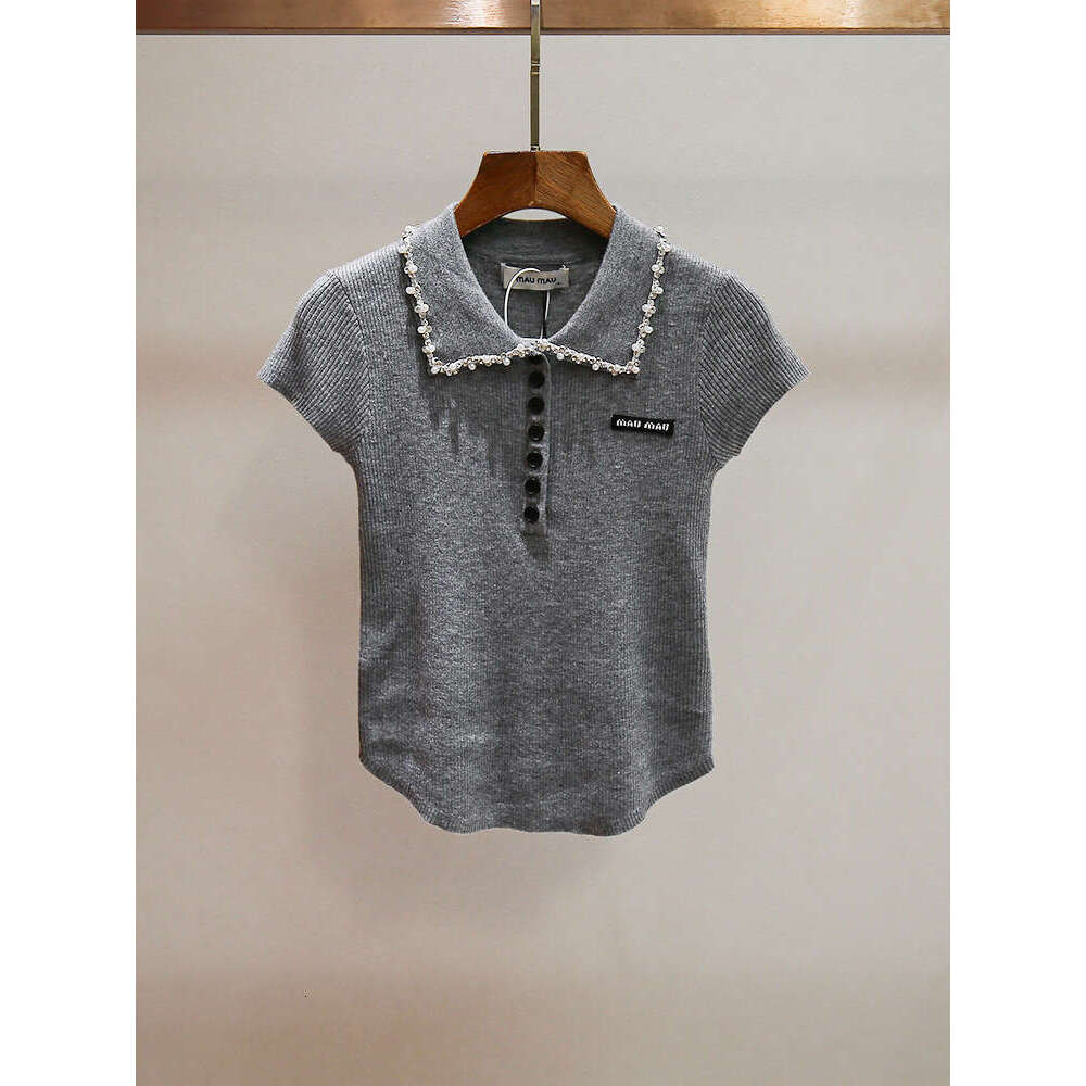 High-End Women's Summer New Age-Reducing Style Beaded Turn-Down Collar Curved Design Short-Sleeve Knitted Top For Women