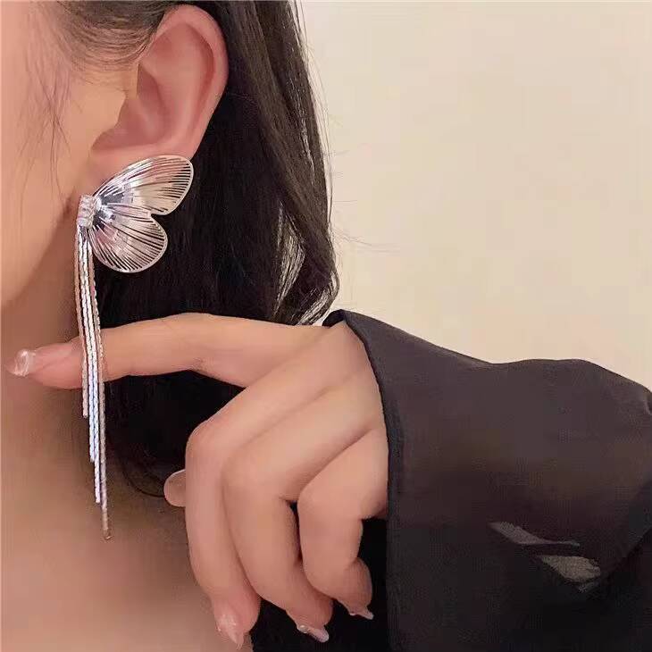 Butterfly Wing Personality Exaggerated Rhinestone Long Tassel Earrings Fashion Metal Unique Party Accessories for Girls