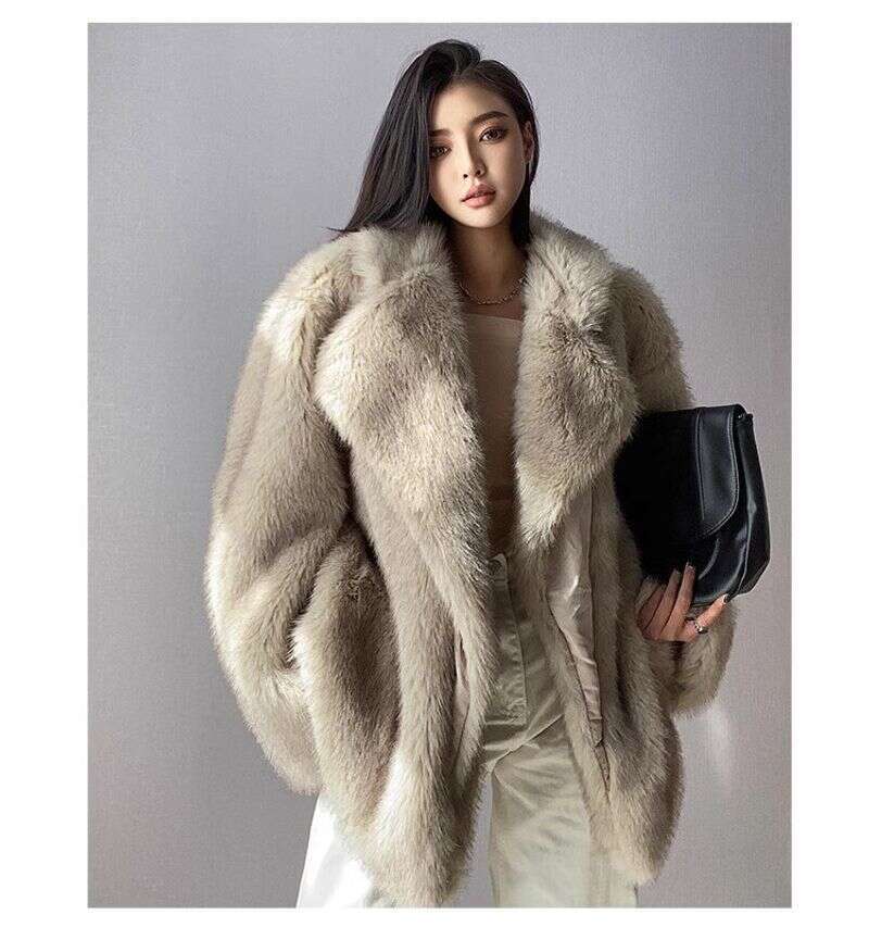 Autumn Winter Coat Women Fox Faux Fur Mid Length Y2k Coats Thick Warm Turn Down Collar Elegant Long Sleeve Jackets Streetwear