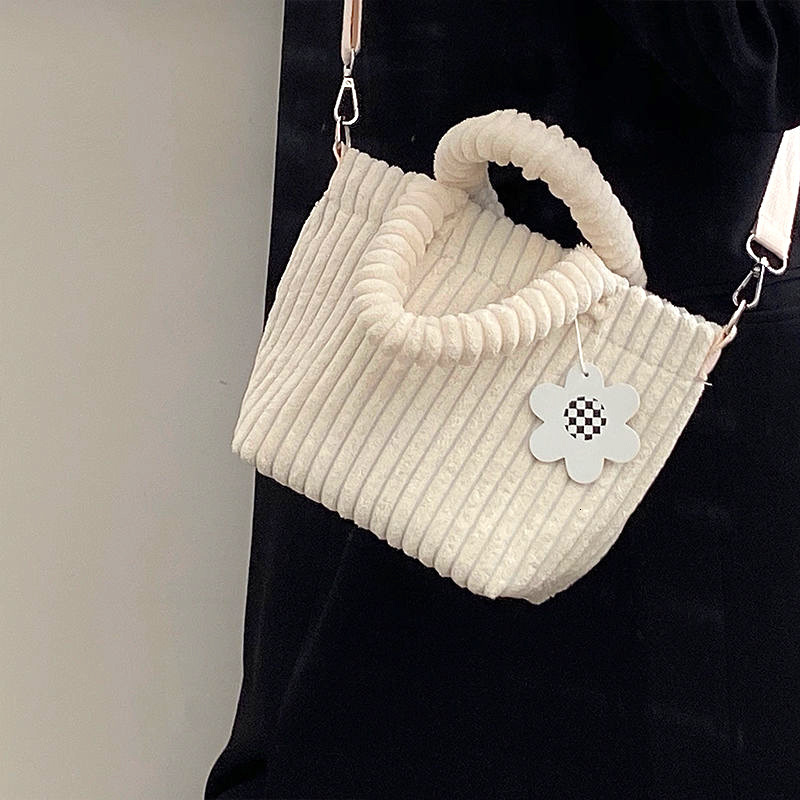 Autumn Winter New Corduroy Bucket Klein Blue Striped Handheld Tote Crossbody Bag for Women