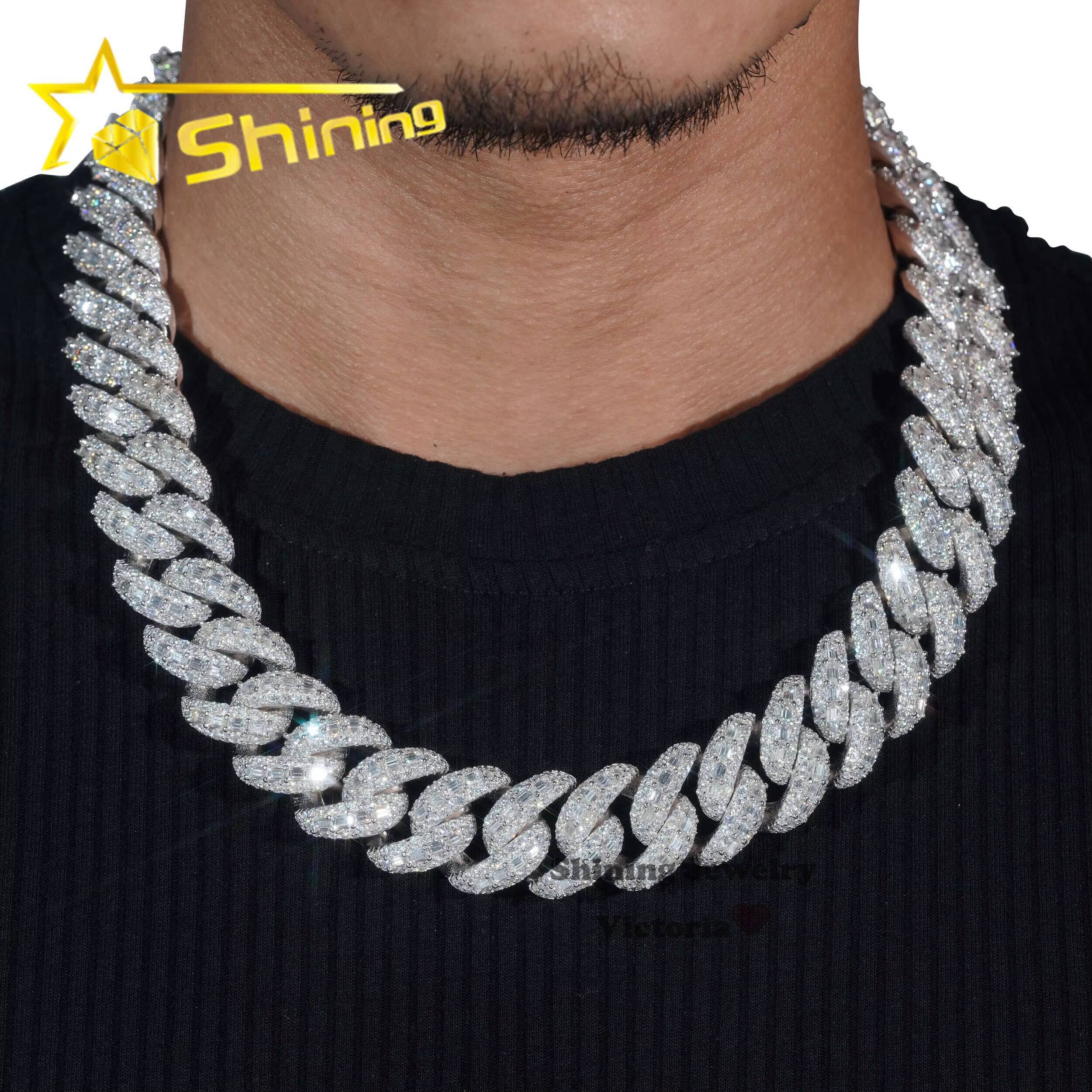22MM S Solid Sier Iced Out Hip Hop Jewelry Moissanite Dia VVS Miami Link Mosaic Cuban Chain