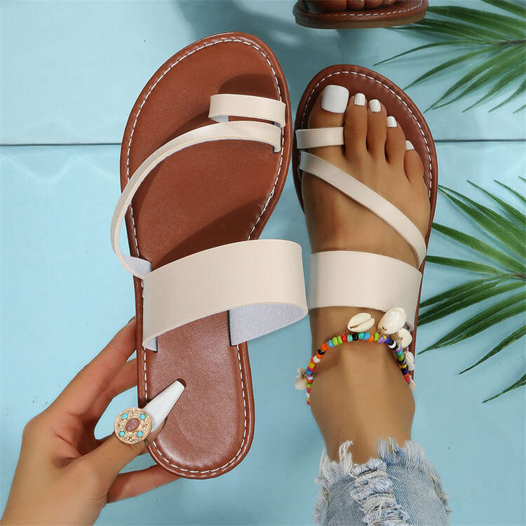 Toe Flat Ring Sandals for Women, Solid Color, Round Toe, Outdoor Wear, Designer shoe Plus Size, Beach Slippers ,
