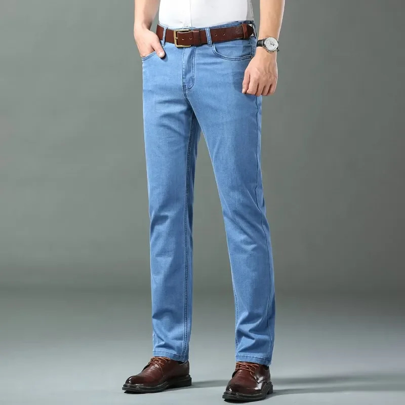 Ice Silk Thin Denim Jeans For Men Blue Straight Stretch Cotton Pants Business Casual Lightweight Trousers Spring Summer 250729