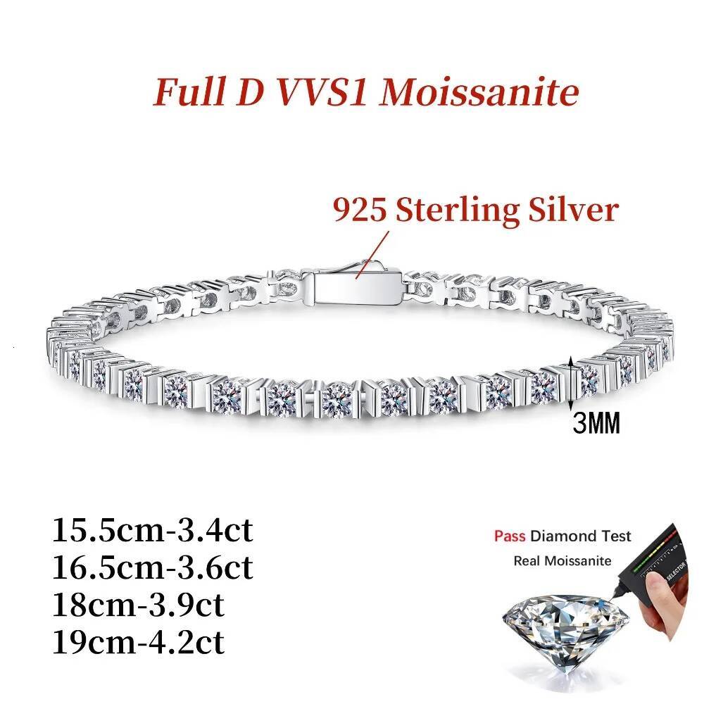 NKHOG 3mm Full Moissanite Tennis Bracelet Women Men 925 Sterling Silver Hand Chain Buckle Bangle Gift Fine Jewelry Pass Test GRA