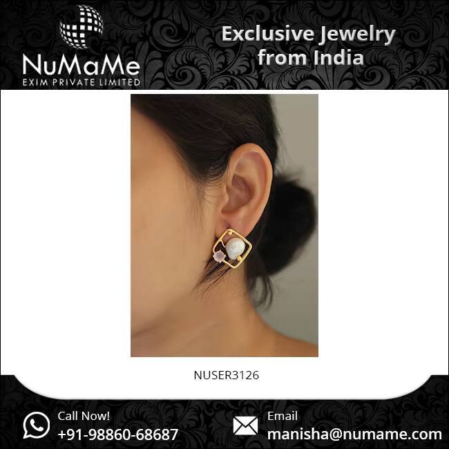 Hot Selling Elegant Design Gold Plated Freshwater Baroque Pearl & Rose Quartz Rhombus Square Stud Brass Fashion Earrings