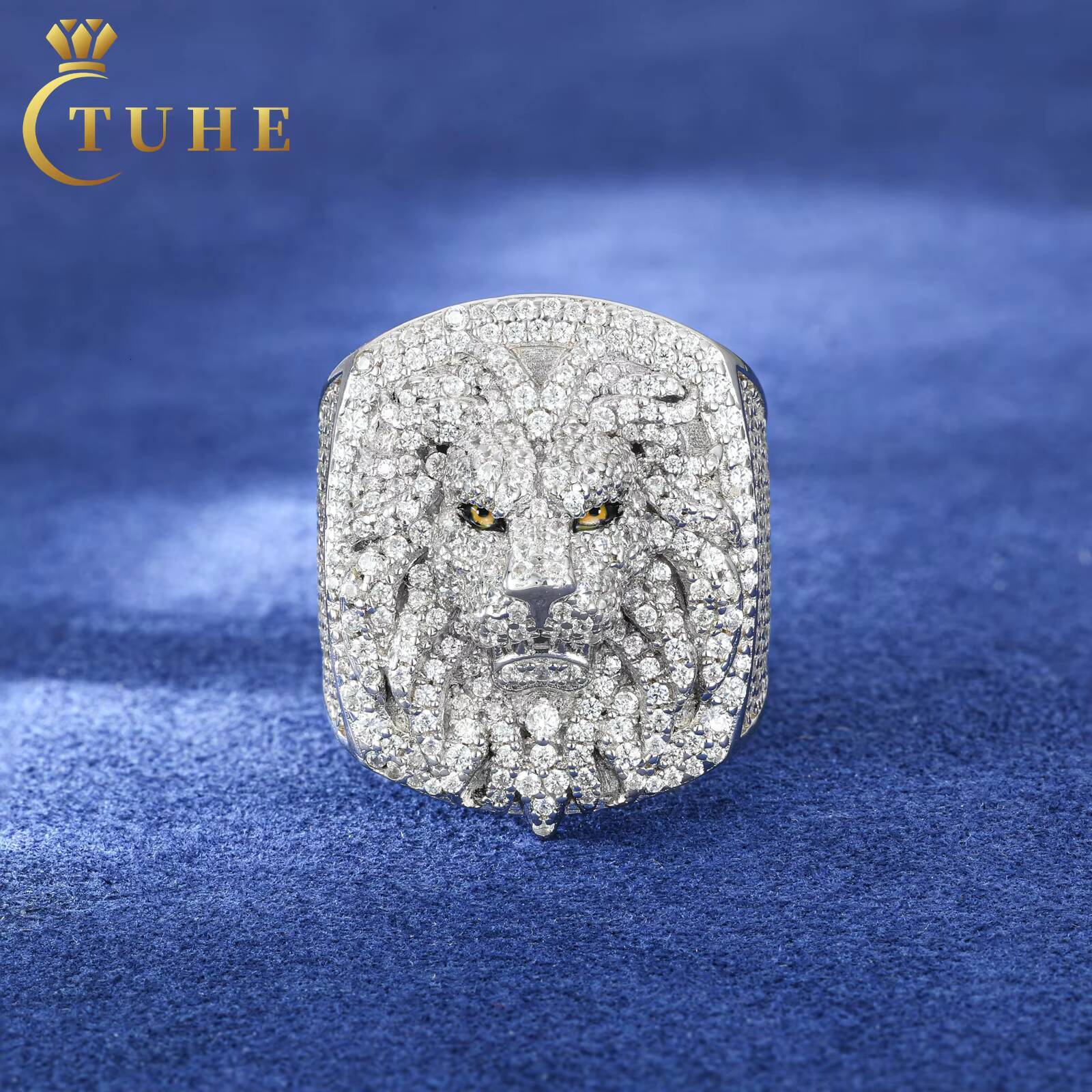 3D Lion King Head Ring White Gold Sterling Sier Lab VVS Moissanite Dia Iced Out Hip Hop Jewelry for Rappers Men