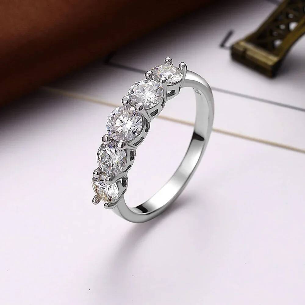 5 Stone Round Brilliant Cut Moissanite Wedding Rings Half Eternity Band 925 Silver 4mm Lab Diamond Wedding Ring for Women Men