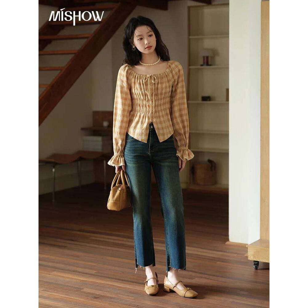 MISHOW Retro Denim Blue Ankle-Length Pants 2025 Autumn Moustache Effect Asymmetric Pant Legs Versatile Casual Jeans MXE42K1025