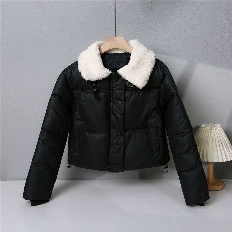 Lamb wool wash free PU leather down cotton jacket for women, short winter thick stand up collar bread jacket, small fur collar jacket