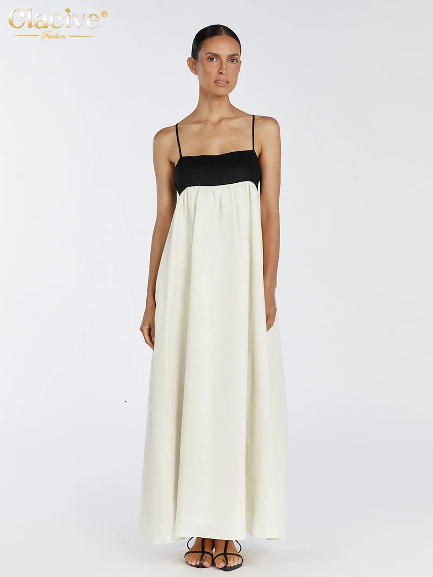 Clacive Sexy Loose Beige Cotton WomenS Dress Summer Strap Sleeveless Ankle Length Dresses Elegnat Classic Female Dress 250813