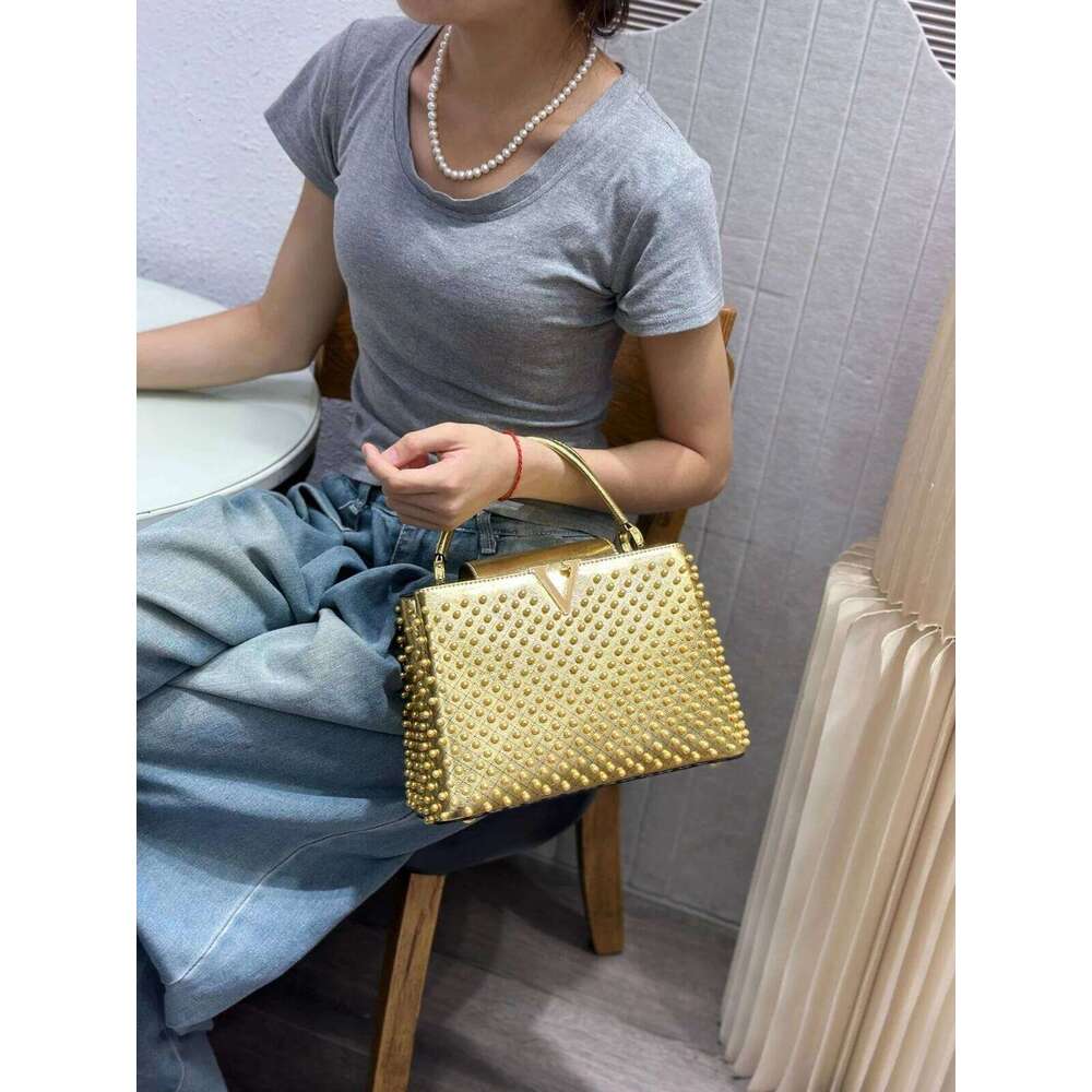 Designer Full Pearl Inlay PU Leather Handbag Women S Fashionable V Letter Single Shoulder Portable Messenger Bag