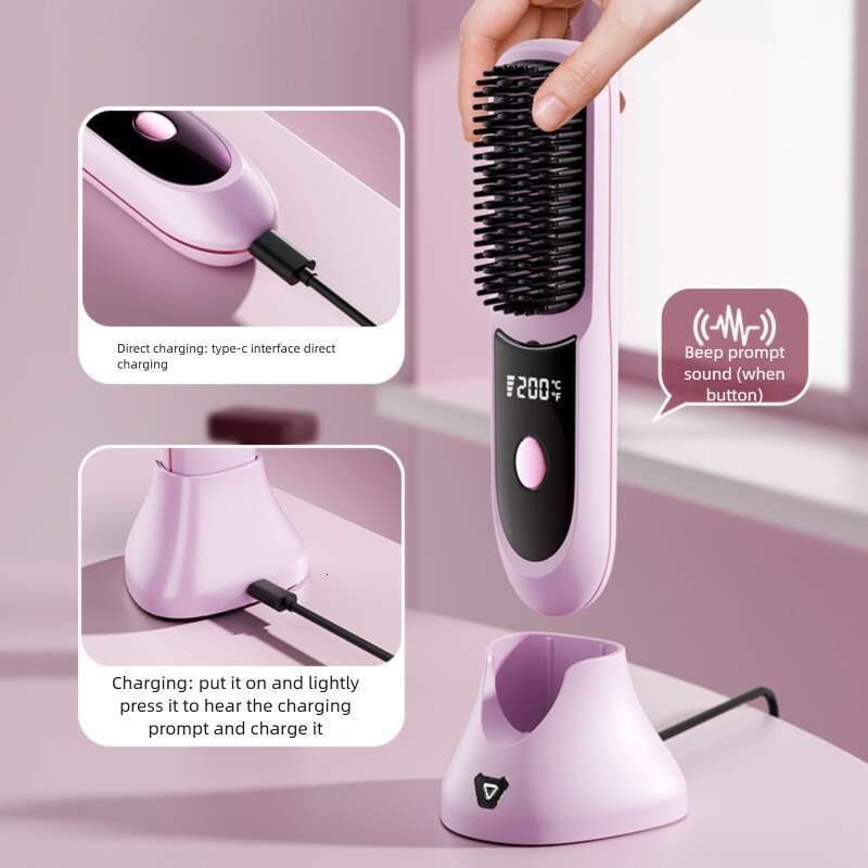 New Wireless Hair Brush Negative Ion Non Damaging Long Battery Life Portable Dual Use Curling And Straightening Iron