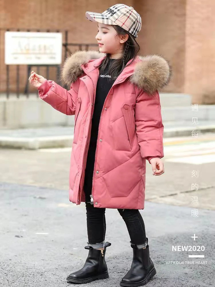5-12 Years Girls Fur Collar Long Down Cotton Jacket Winter Keep Warm Coat Hooded Zipper Outerwear Christmas Kid Teenager Clothes 250813