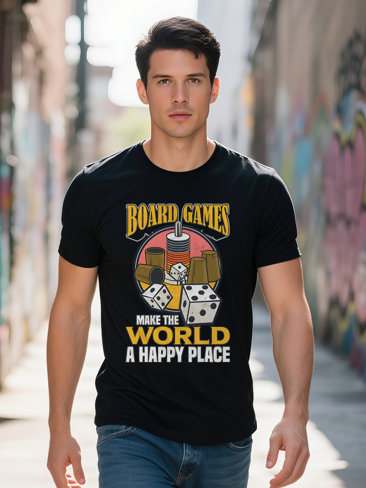 Casual Versatile Round Neck T-Shirt Board Games Make The World Happy Place Dice Stack Print Pattern Men S Top A