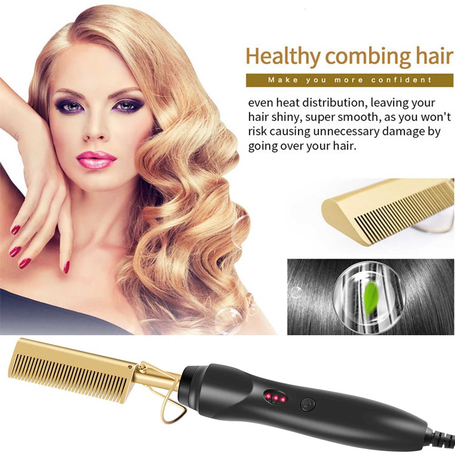 Leeons Black Hot Comb Hair Straightener Flat Iron Electric Hot Heating Comb Wet And Dry Hair Curler Straight Styler Curling Iron W250814