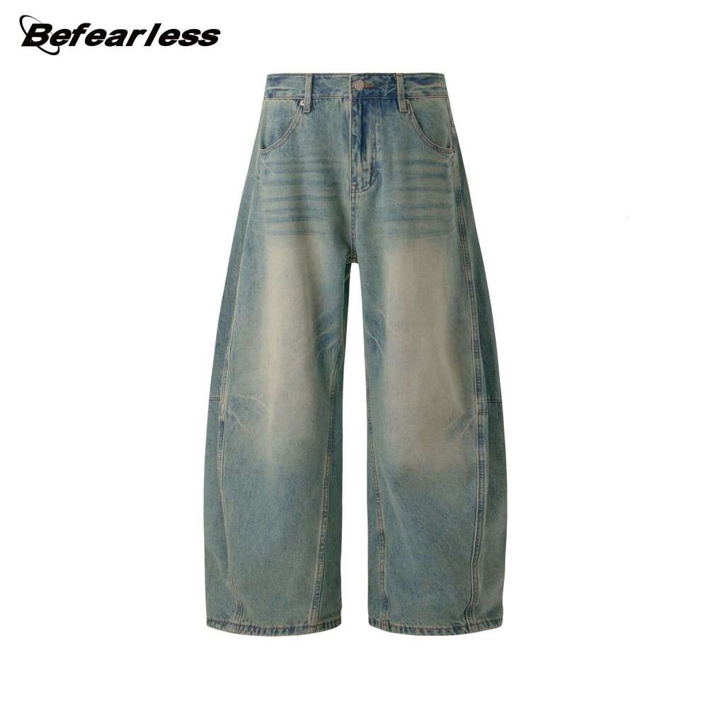 American Style Washed Scimitar Jeans Unisex Trendy Loose Wide-Leg Banana Casual Pants B5