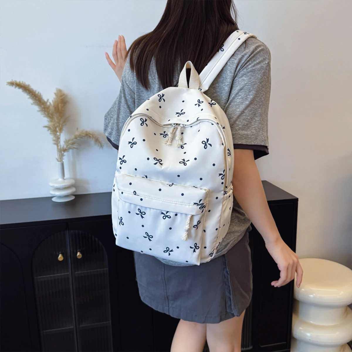 ute Bow Print Backpack for Women Quilted Reinforce Large Capacity Multi-Pocket School Bag Adjustable Straps for College Commute XJ250814