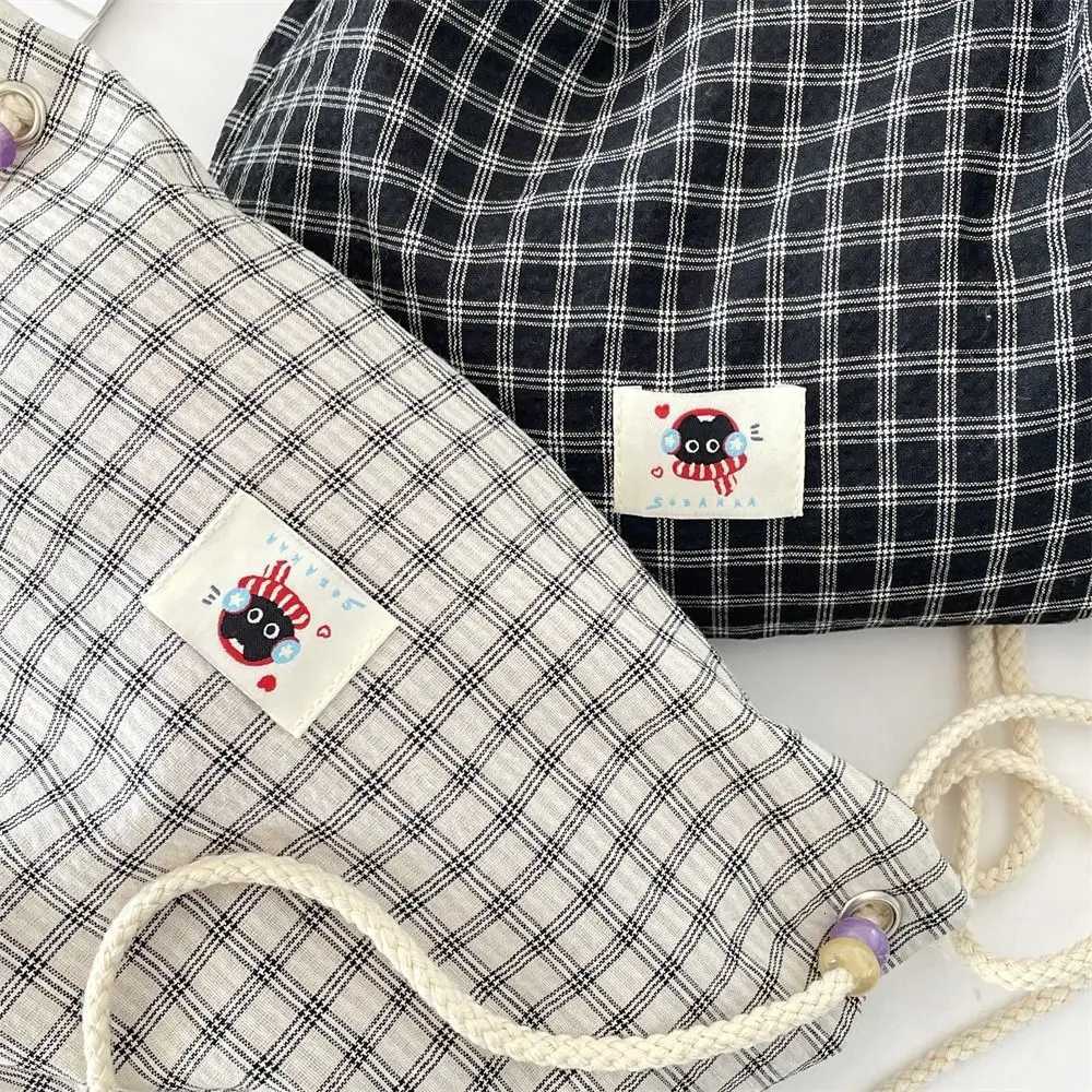 Vintage Korean Plaid Drawstring Bag Y2k Aesthetic Harajuku Plaid Backpack Casual Lightweight Student Schoolbags Outdoor XJ250814