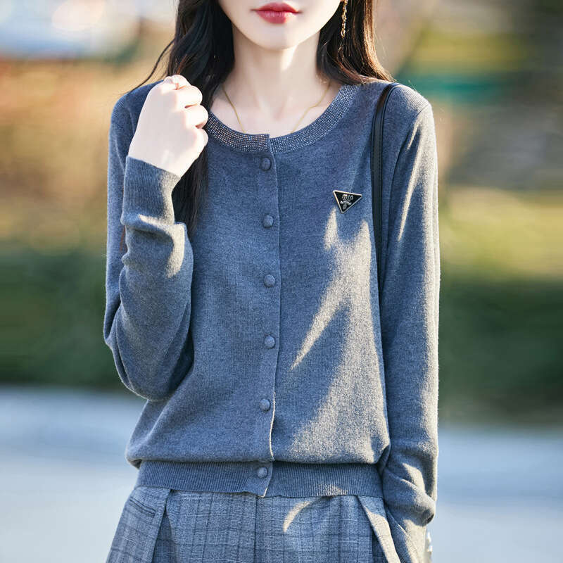 Spring New Round Neck Dia-set Women's Knitted Solid Color Cardigan Jacket Korean Loose Long-sleeved Sweater