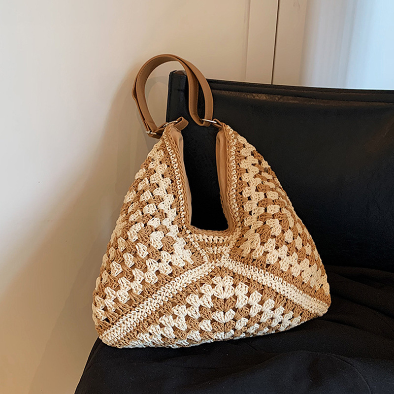 Handmade Straw Hollow Square Flower Large Triangle Color-Block Woven Vacation Beach Single Shoulder Tote Bag for Women