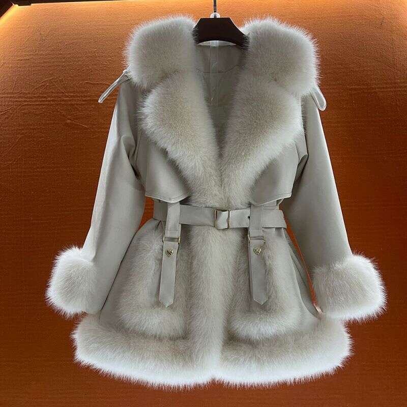Temperament Elegant Big Colla Lace Up Medium To Long Jacket Women's Coat 2024 Winter New Warm Imitation Fox Fur Coat