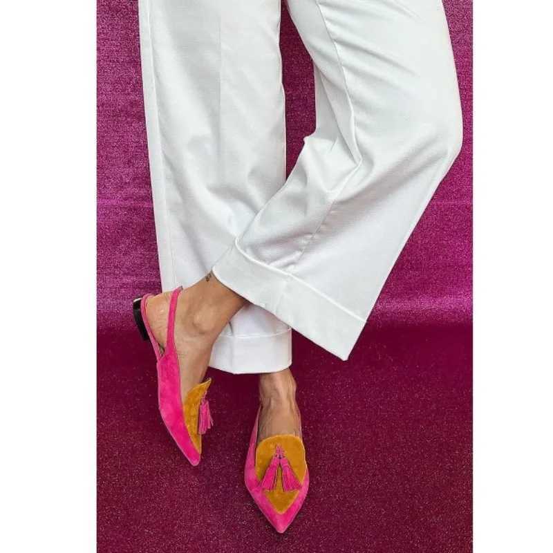 New Summer Color Block Womens Shoes 40-43 Large Pointed Tassel Low Heel Back Air Sandals High Heels Womens Shoes W250814