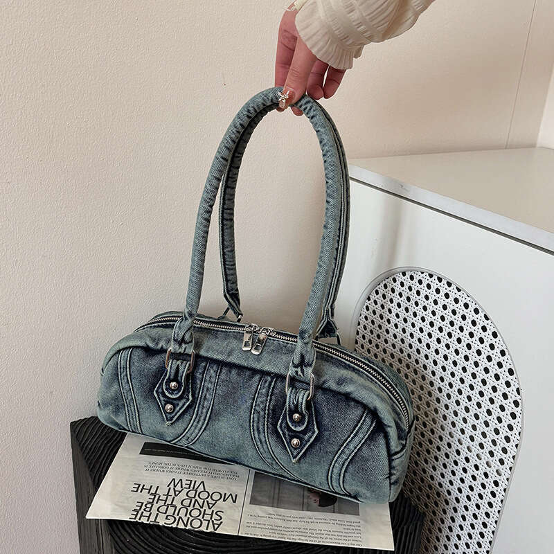 2025 New Fashion Bags Designer Women Distressed Denim Underarm Women's Handbag Bowling Trendy Boston Bag