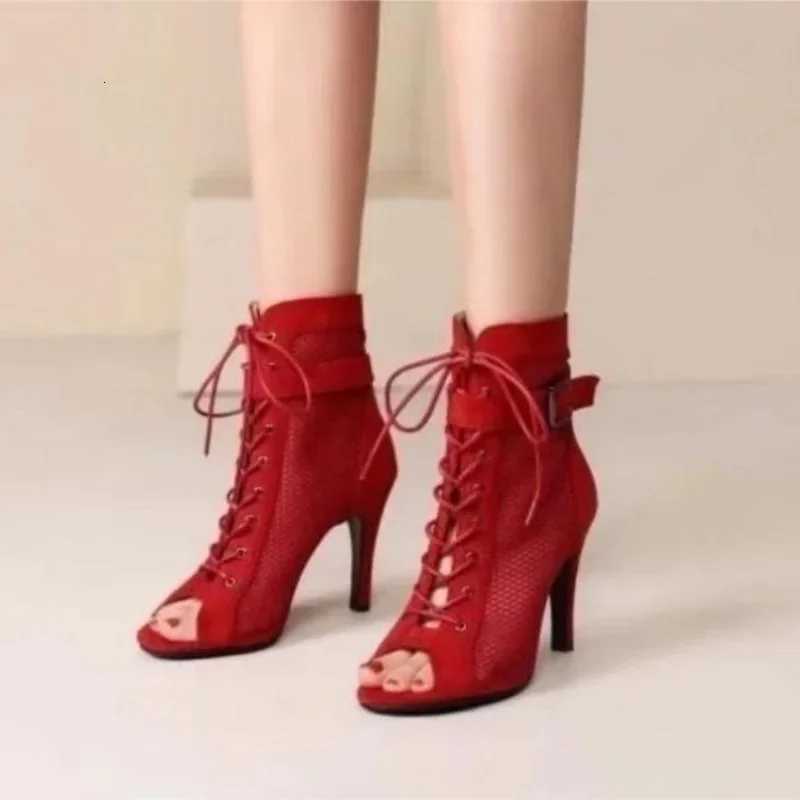 New Noble High Quality Jazz Dance Shoes for Womens Sexy Red Heels Ankle Boots Peep Toe Zipper Indoor Dancing Sandals W250814