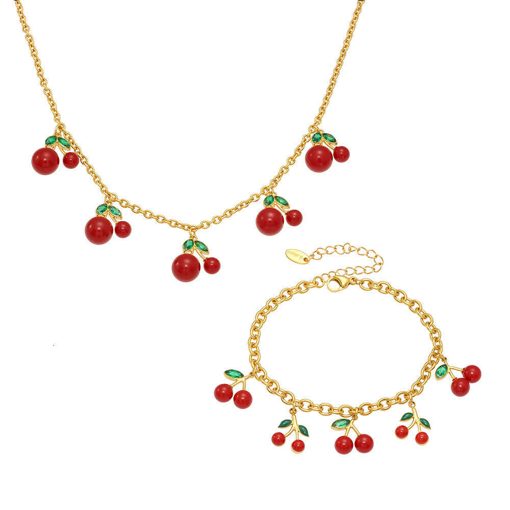 Xinyixin New Cherry Pendant Necklace Bracelet Set Stainless Steel Gold Plated Versatile Jewelry