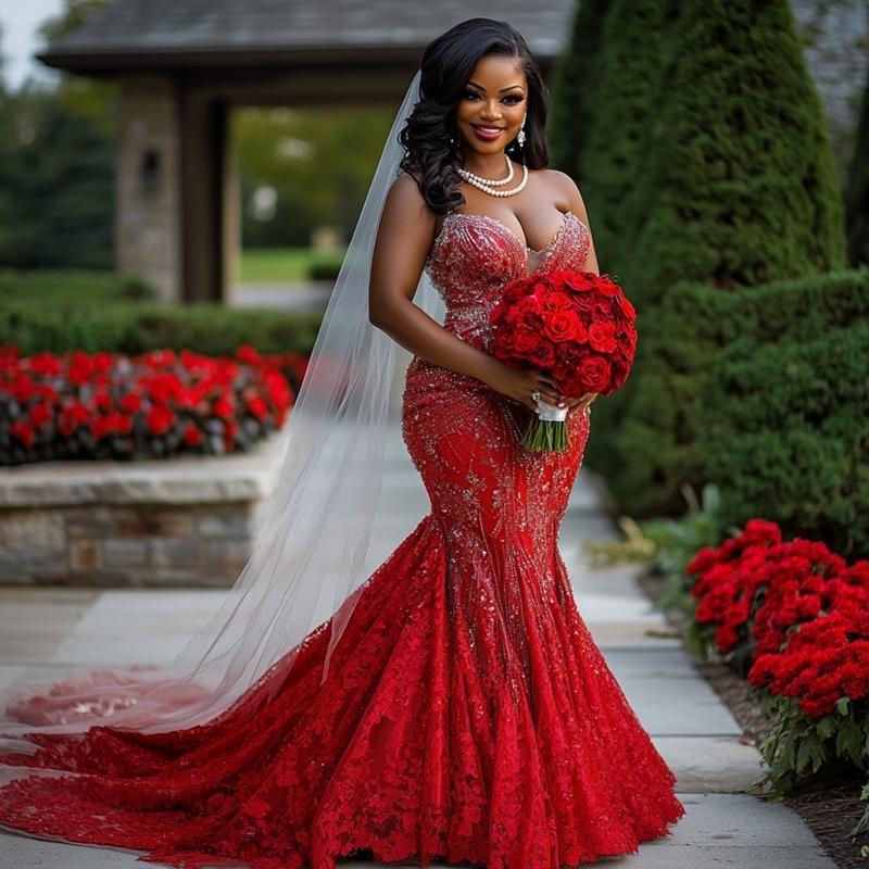 2025 Plus Size African Wedding Dress Bridal Gowns For Bride Mermaid Sweetheart Appliqued Beaded Lace Pearls Tiered Pleat Wedding Gowns For Black Women