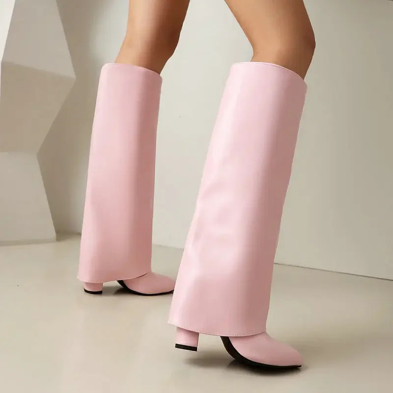 2025 Knee High Womens Fold Boots PU Leather Pointed Toe Long Boot Thick Soled High-heeled Shoes 250812