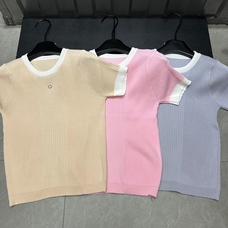 Luxury Women Slim Fit Knits Tops Color Block Round Neck Stretch Classic t Shirts Summer Holiday Versatile Casual Style Breathable Daily Tees