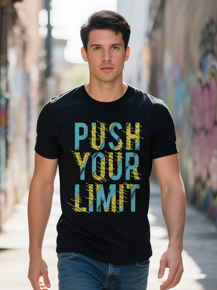 Men s Graphic T Shirt PUSH YOUR LIMIT Motivational Print Black with Yellow Blue Geometric Design Lightweight Summer