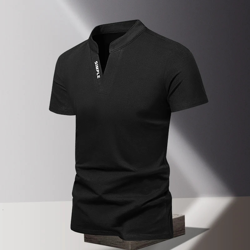 V-neck pure cotton short sleeved mens T-shirt mens sports and leisure T-shirt trendy and simple solid color base shirt 250813